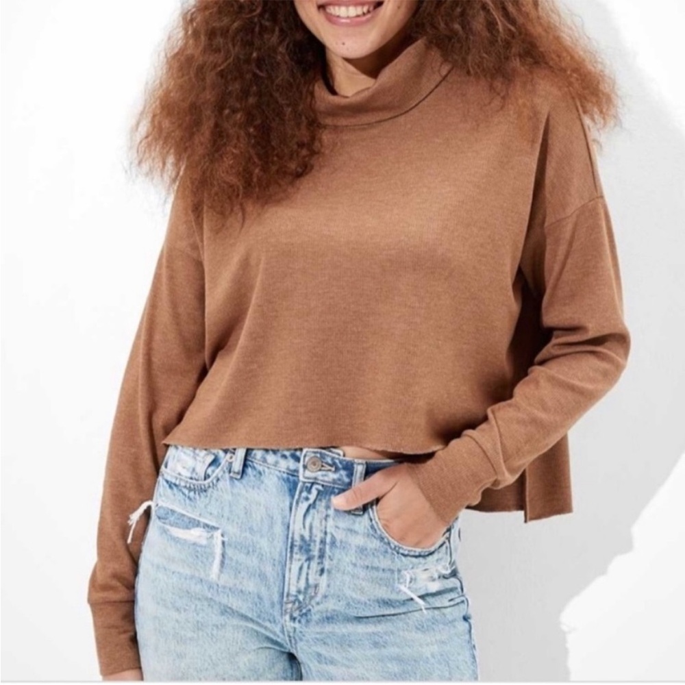 American Eagle Brown Cropped Waffle Knit Turtleneck Long Sleeve